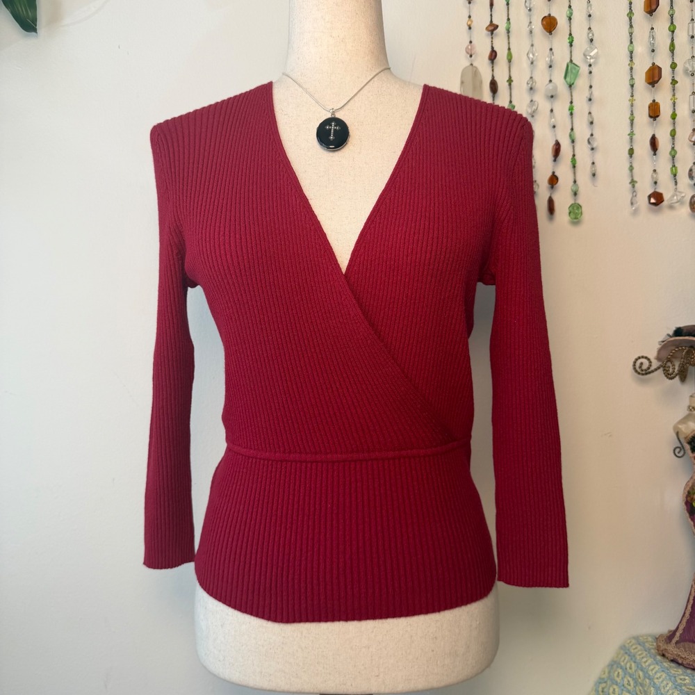 Vintage 90s Express Red Wrap Dolman Sweater Ribbed V-Neck Office Siren Feminine